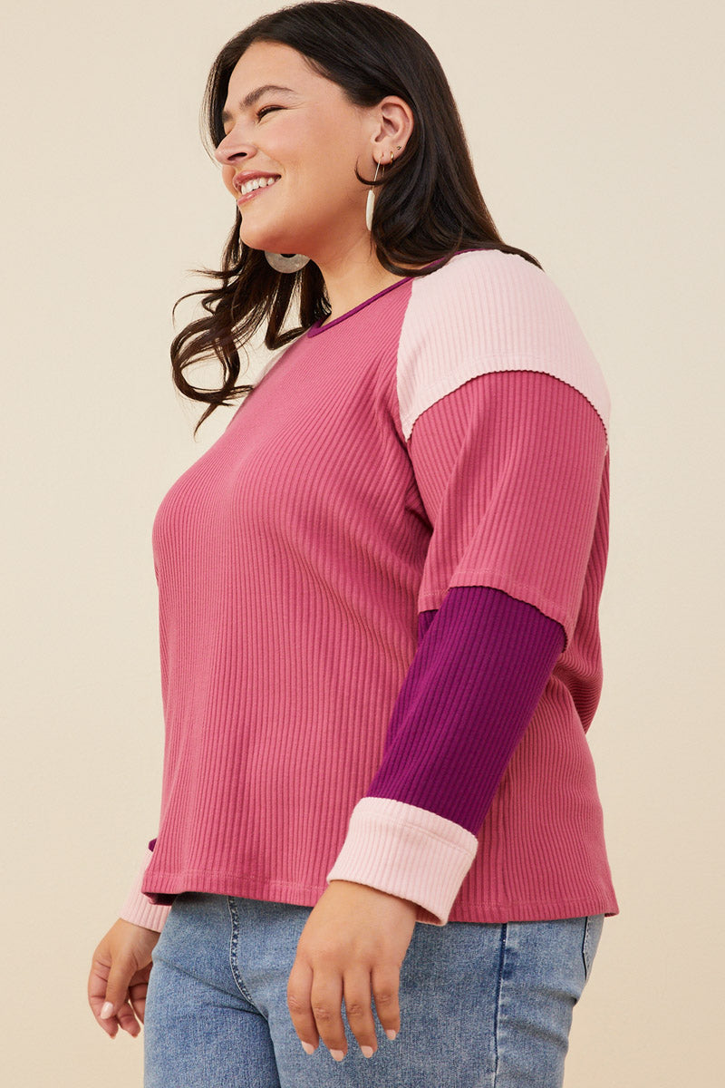 HY8769W Pink Mix Womens Color Block Ribbed Knit Long Sleeve Top Side