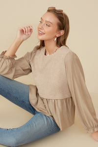 HY8777 Taupe Womens Mix Media Ribbed Knit Twofer Top Side