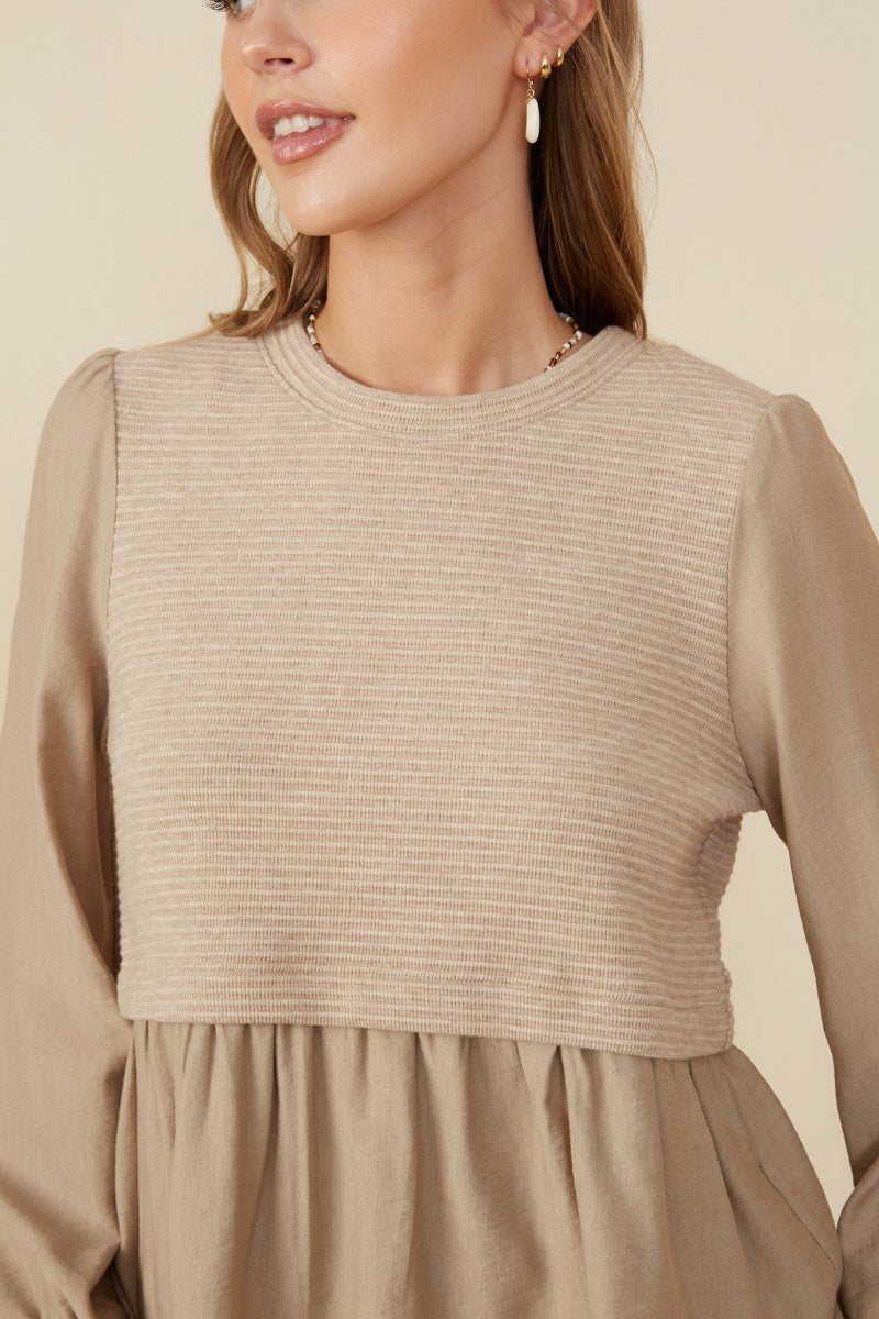HY8777 Taupe Womens Mix Media Ribbed Knit Twofer Top Detail
