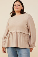 HY8777W Taupe Womens Mix Media Ribbed Knit Twofer Top Front