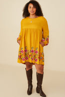 HY8814W Mustard Womens Embroidered Detail Long Sleeve Scoop Neck Dress Pose