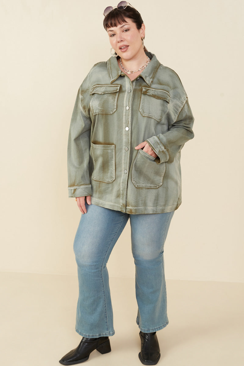 HY8865W Olive Womens Washed Patch Pocket Detail Chore Jacket Front