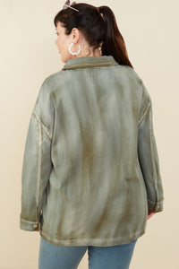 HY8865W Olive Womens Washed Patch Pocket Detail Chore Jacket Back