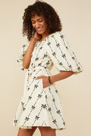 HY8870 Ivory Womens All Over Bow Print Belted Dress Side