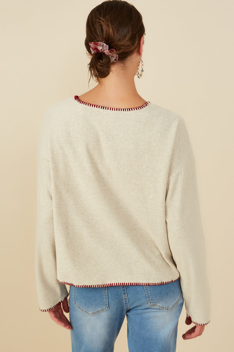 HY8921 Oatmeal Womens Brushed Contrast Stitch Long Sleeve Knit T Shirt Back