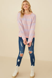 HY8993 Pink Mix Womens Ultra Soft Multicolor Stripe Pullover Sweater Front