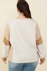 HY8999W Taupe Womens Stripe And Color Block Sleeve Detail Knit Top Back