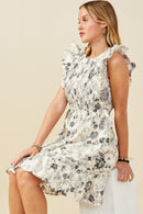 HY9032 Black Womens Antique Floral Smock And Ruffle Dress Side