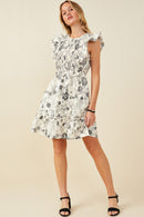 HY9032 Black Womens Antique Floral Smock And Ruffle Dress Pose