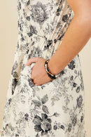 HY9032 Black Womens Antique Floral Smock And Ruffle Dress Detail