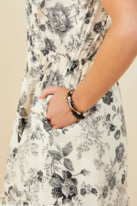 HY9032 Black Womens Antique Floral Smock And Ruffle Dress Detail