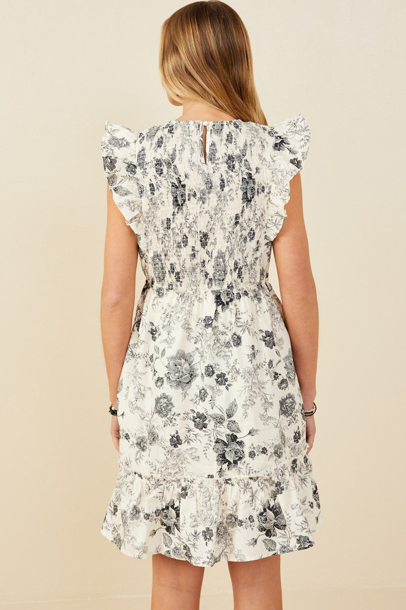 HY9032 Black Womens Antique Floral Smock And Ruffle Dress Back