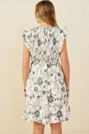 HY9032 Black Womens Antique Floral Smock And Ruffle Dress Back