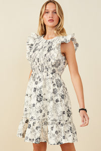HY9032 Black Womens Antique Floral Smock And Ruffle Dress Front