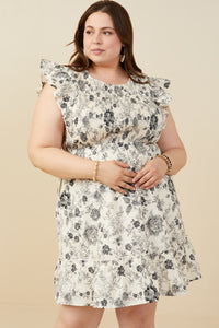 HY9032W Black Plus Antique Floral Smock And Ruffle Dress Front