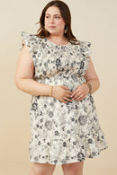 HY9032W Black Plus Antique Floral Smock And Ruffle Dress Front