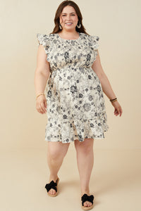 HY9032W Black Plus Antique Floral Smock And Ruffle Dress Pose