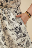 HY9032W Black Plus Antique Floral Smock And Ruffle Dress Detail