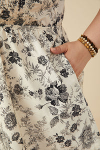 HY9032W Black Plus Antique Floral Smock And Ruffle Dress Detail