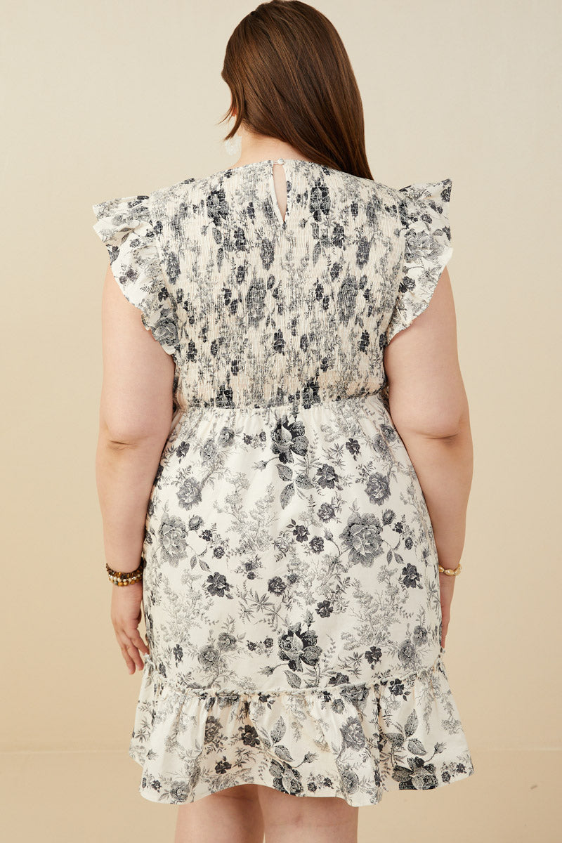 HY9032W Black Plus Antique Floral Smock And Ruffle Dress Back