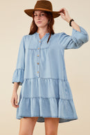 HY9054 Light Denim Womens Washed Button Detail Ruffle Sleeve Tencel Dress Front