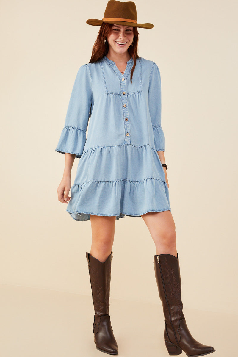 HY9054 Light Denim Womens Washed Button Detail Ruffle Sleeve Tencel Dress Pose