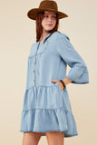 HY9054 Light Denim Womens Washed Button Detail Ruffle Sleeve Tencel Dress Side