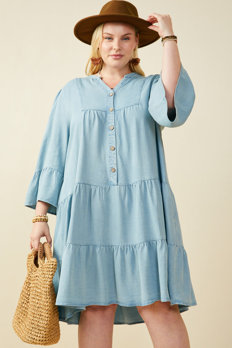 Womens Washed Button Detail Ruffle Sleeve Tencel Dress