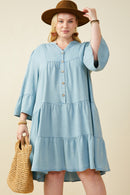 HY9054W Light Denim Plus Washed Button Detail Ruffle Sleeve Tencel Dress Front