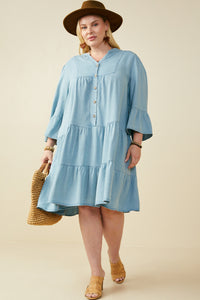 HY9054W Light Denim Plus Washed Button Detail Ruffle Sleeve Tencel Dress Pose
