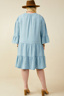 HY9054W Light Denim Plus Washed Button Detail Ruffle Sleeve Tencel Dress Back