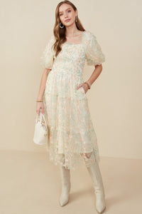 HY9119 Ivory Womens Smocked Floral Mesh Lace Tiered Dress Pose