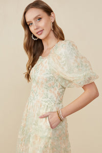 HY9119 Ivory Womens Smocked Floral Mesh Lace Tiered Dress Side