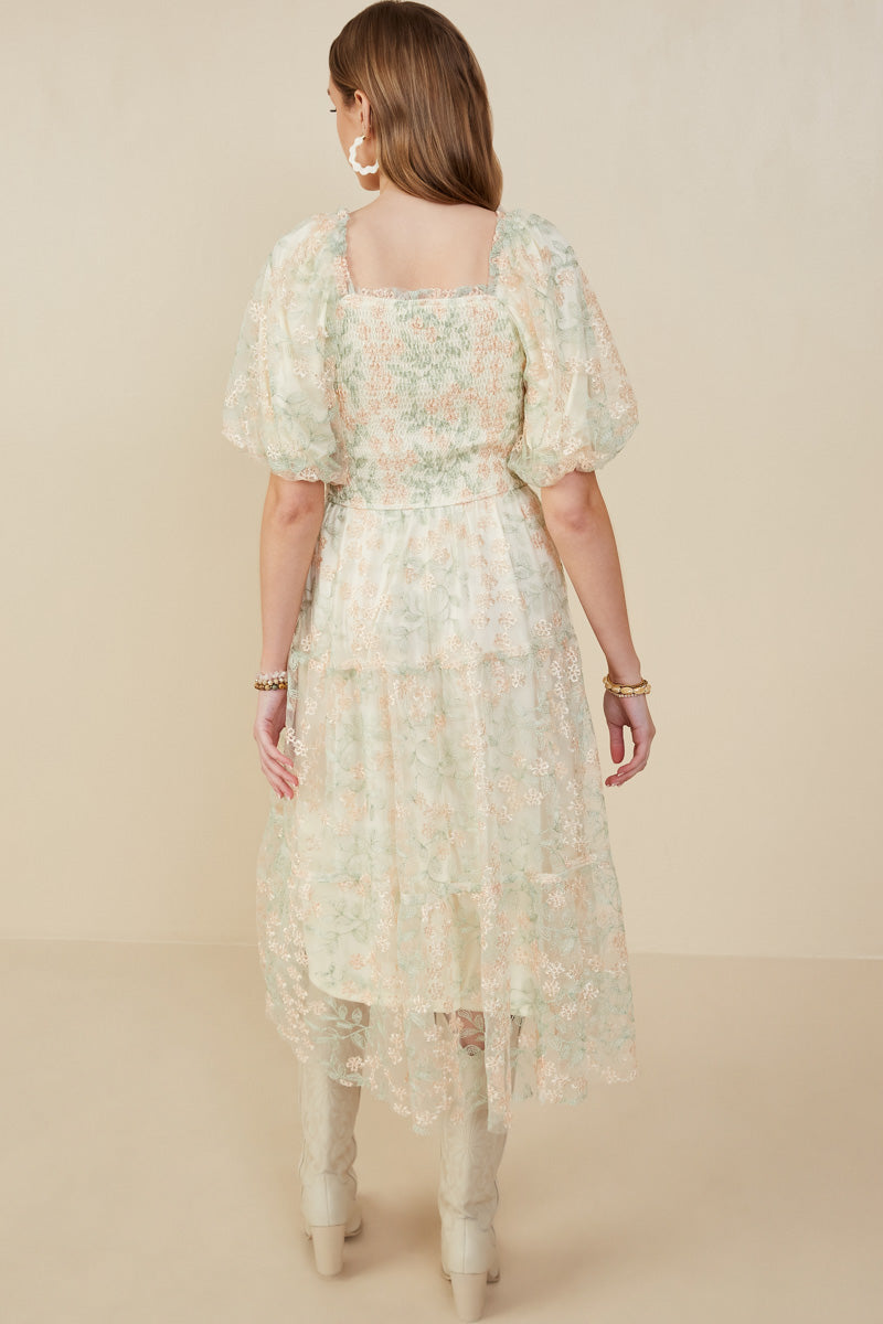 HY9119 Ivory Womens Smocked Floral Mesh Lace Tiered Dress Back