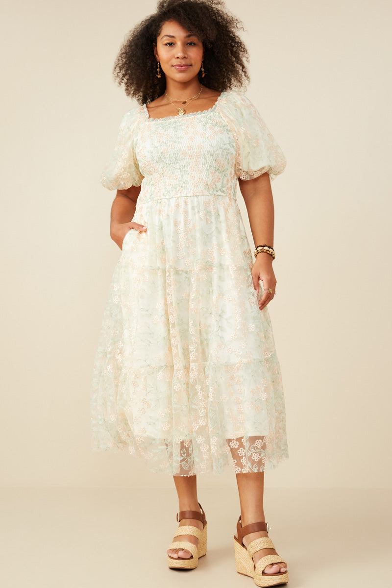 Womens Smocked Floral Mesh Lace Tiered Dress