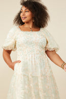 HY9119W Ivory Womens Smocked Floral Mesh Lace Tiered Dress Front