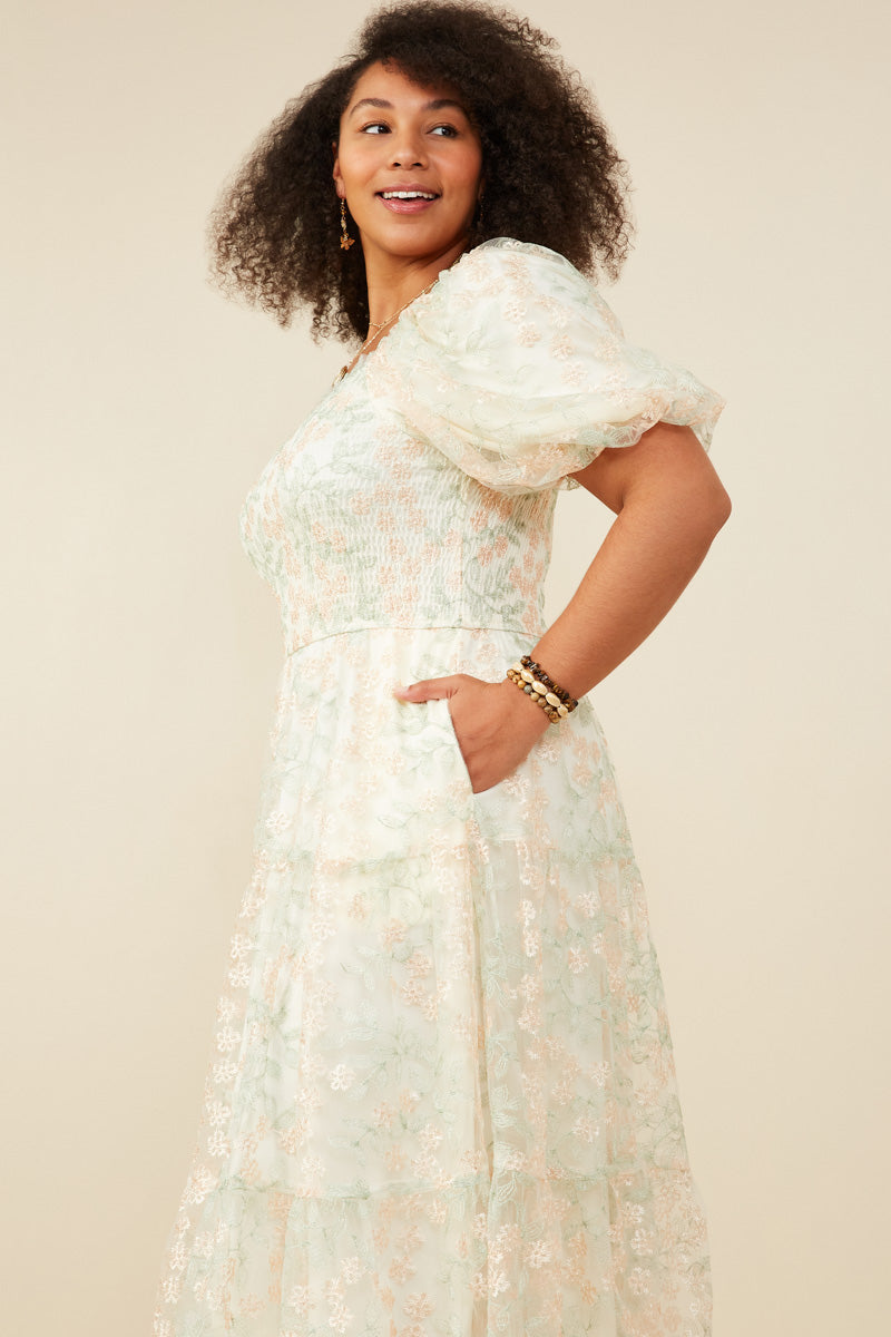 HY9119W Ivory Womens Smocked Floral Mesh Lace Tiered Dress Side