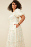 HY9119W Ivory Womens Smocked Floral Mesh Lace Tiered Dress Side