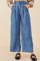 HY9146 Mid Denim Womens Pleated Detail Wide Leg Tencel Pants Front