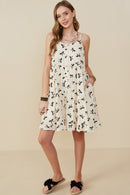 HY9196 Ivory Womens Bow Print Button Detail Tiered Tank Dress Pose