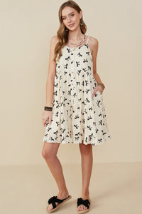 HY9196 Ivory Womens Bow Print Button Detail Tiered Tank Dress Pose