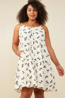 HY9196W Ivory Womens Bow Print Button Detail Tiered Tank Dress Front