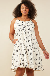 HY9196W Ivory Womens Bow Print Button Detail Tiered Tank Dress Front