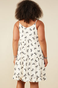 HY9196W Ivory Womens Bow Print Button Detail Tiered Tank Dress Back