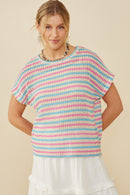 HY9221 Pink Mix Womens Open Knit Multi Stripe Boxy Dolman Top Front