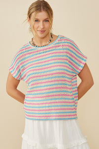 HY9221 Pink Mix Womens Open Knit Multi Stripe Boxy Dolman Top Front