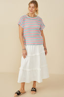 HY9221 Pink Mix Womens Open Knit Multi Stripe Boxy Dolman Top Pose