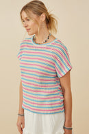 HY9221 Pink Mix Womens Open Knit Multi Stripe Boxy Dolman Top Side