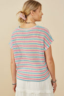 HY9221 Pink Mix Womens Open Knit Multi Stripe Boxy Dolman Top Back
