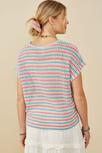 HY9221 Pink Mix Womens Open Knit Multi Stripe Boxy Dolman Top Back